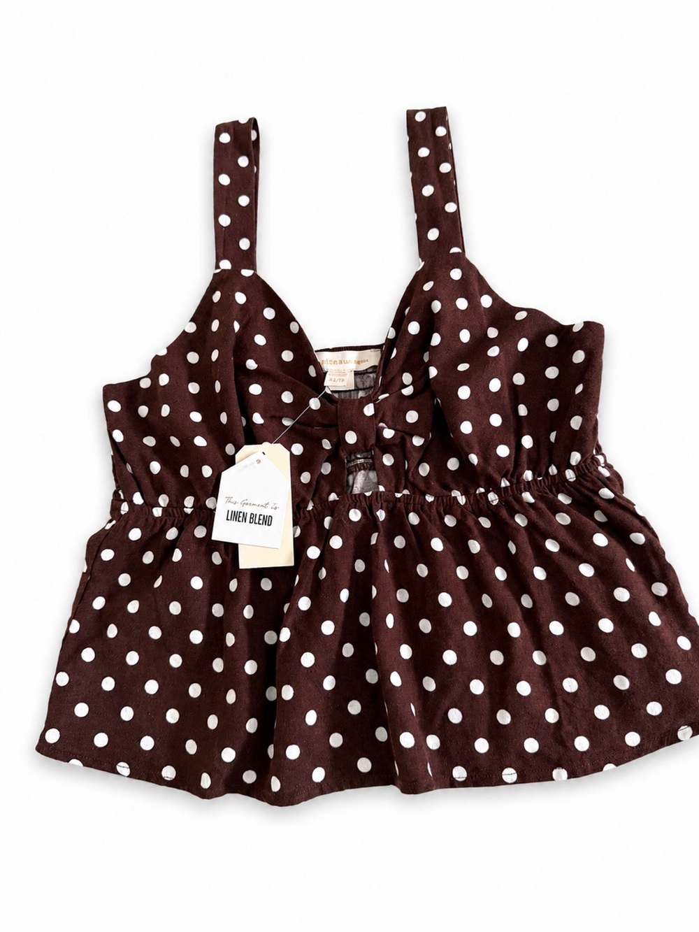 Monteau XL Brown White Polka Dot Linen Blend Peplum Tank Top NWT